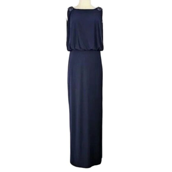 Cache Navy Blue Gown Woman’s Sz 8 Beaded Embellished Chiffon - Picture 1 of 12